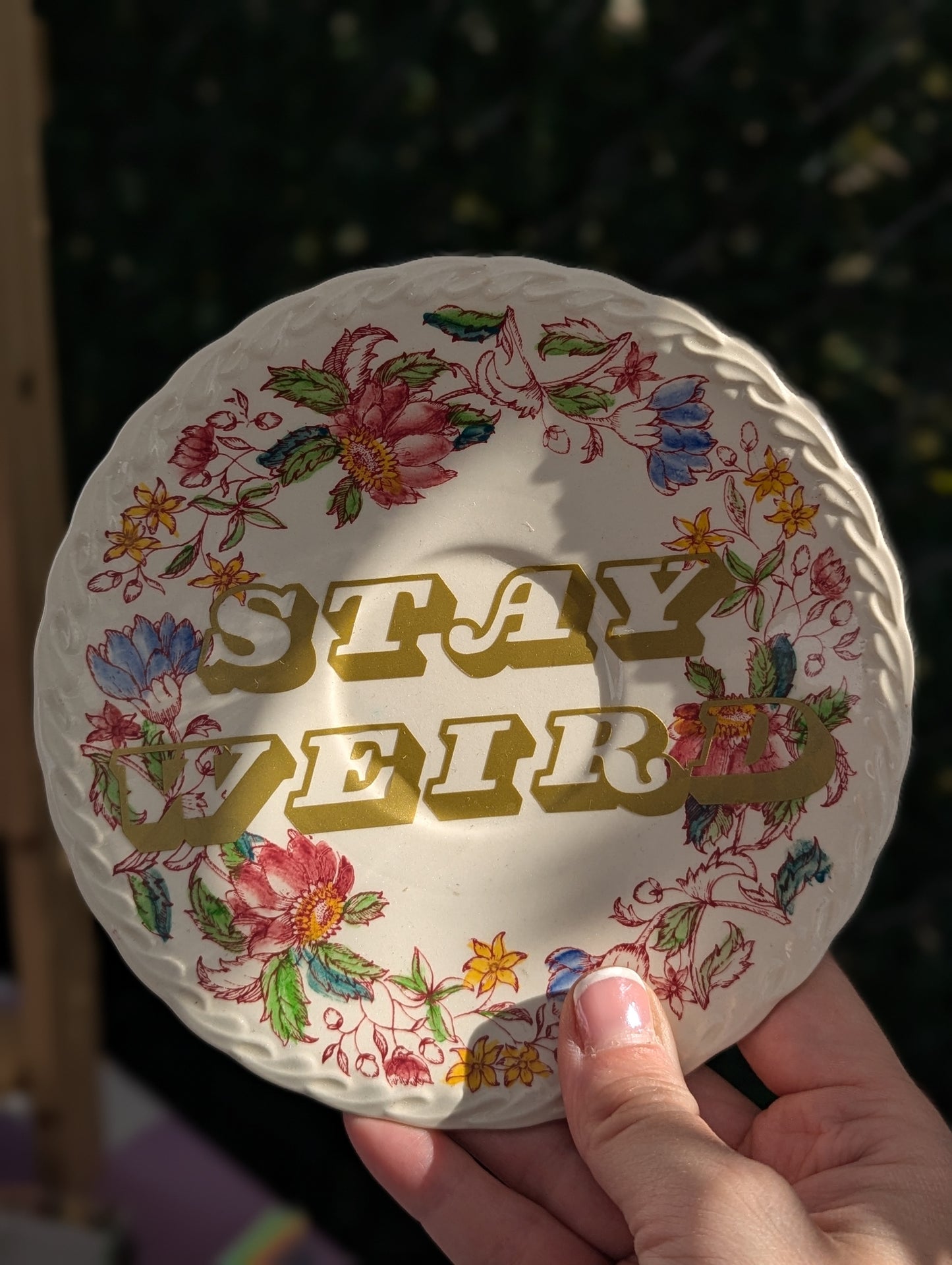 stay weird tea plate
