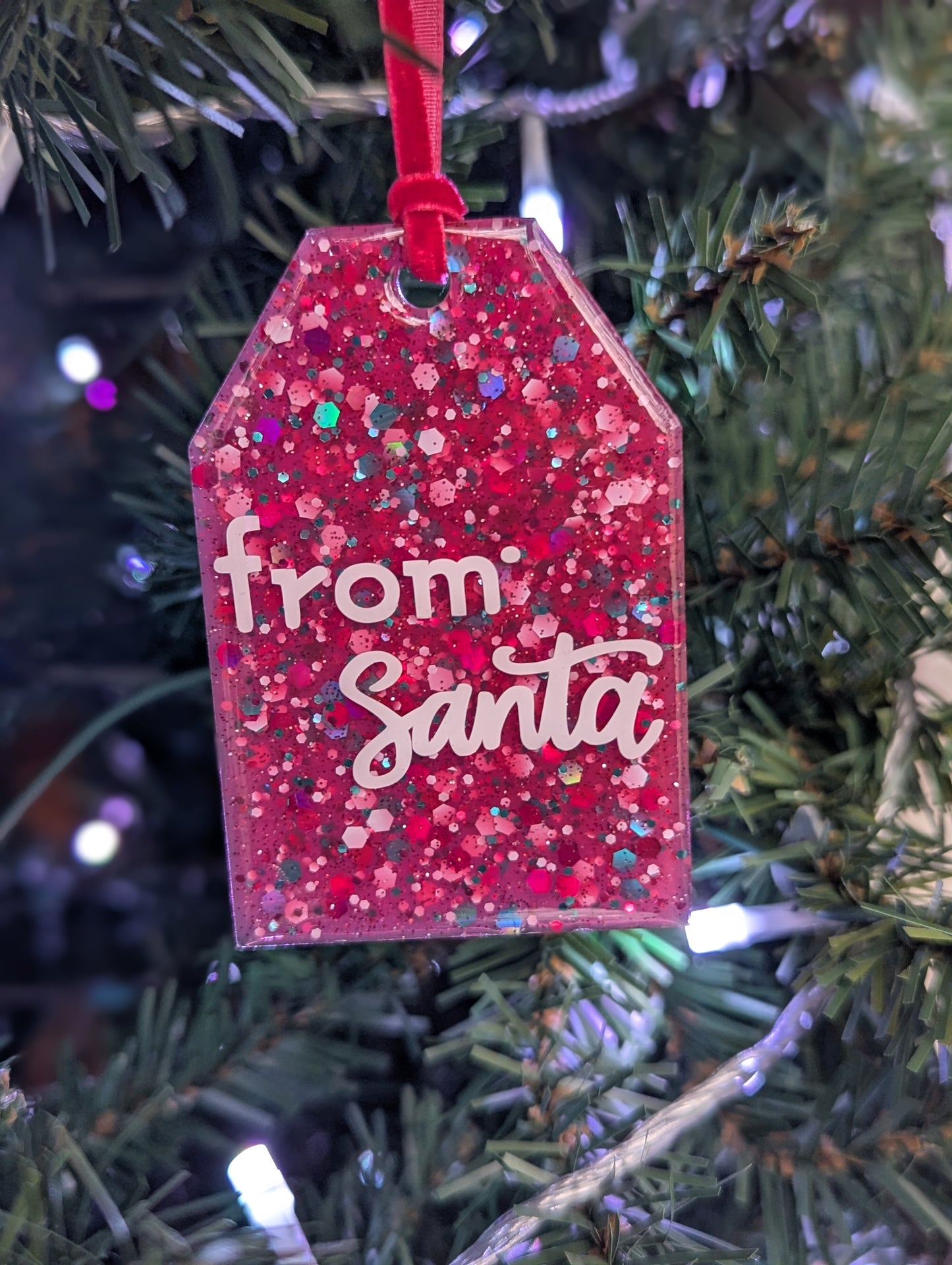 red glitter santa gift tag ornament